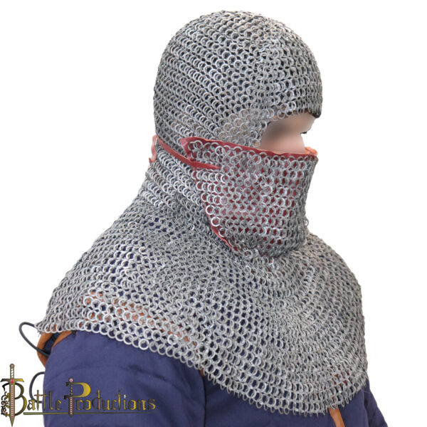 Medieval Round Ring Riveted Chainmail Coif with Mask - Image 7