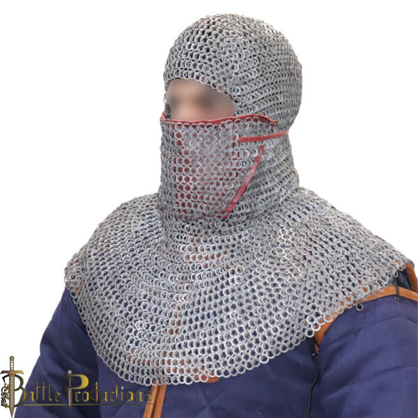 Medieval Round Ring Riveted Chainmail Coif with Mask