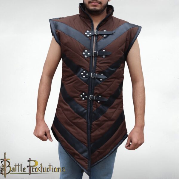 Medieval Sleeveless Padded Gambeson with Leather Accents - Image 2