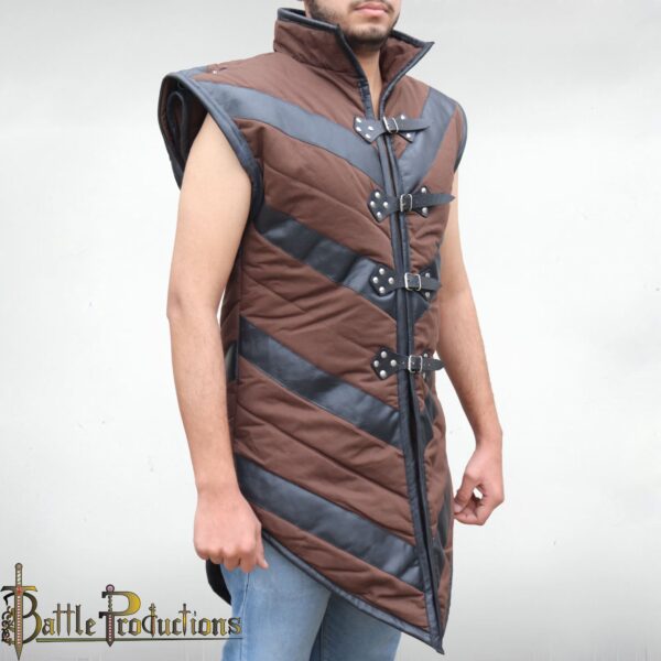 Medieval Sleeveless Padded Gambeson with Leather Accents