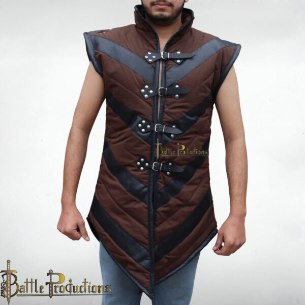 Medieval Sleeveless Padded Gambeson with Leather Accents - Image 5